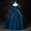 Vintage / Retro Ink Blue Satin Prom Dresses 2023 Ball Gown Square Neckline Puffy Short Sleeve Backless Floor-Length / Long Prom Formal Dresses