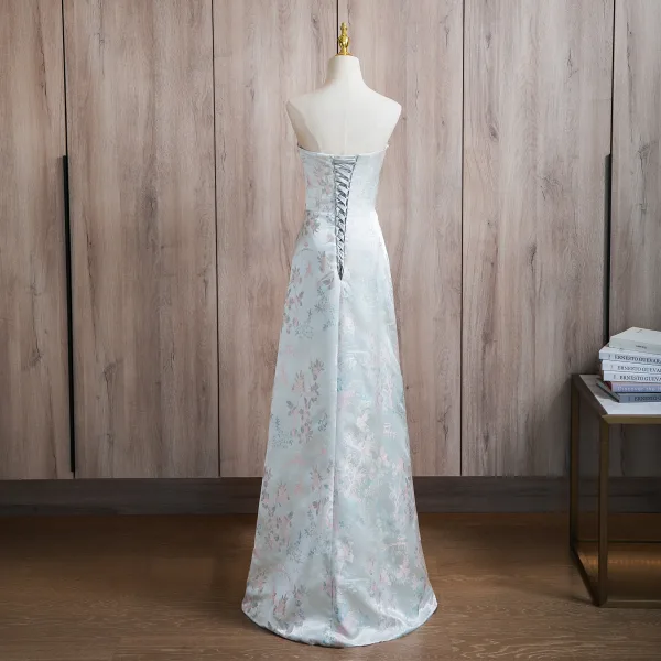 Chinese style Sky Blue Pearl Printing Split Front Prom Dresses 2024 A-Line / Princess Strapless Sleeveless Backless Floor-Length / Long Prom Formal Dresses