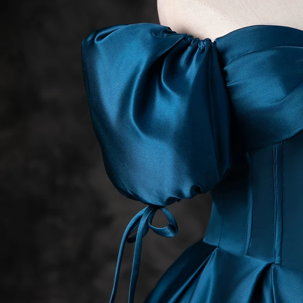 Vintage / Retro Ink Blue Satin Prom Dresses 2023 Ball Gown Square Neckline Puffy Short Sleeve Backless Floor-Length / Long Prom Formal Dresses