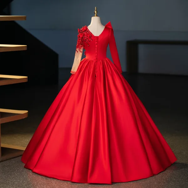 Vintage / Retro Red Beading Appliques Prom Dresses 2024 Ball Gown V-Neck Long Sleeve Backless Floor-Length / Long Prom Formal Dresses