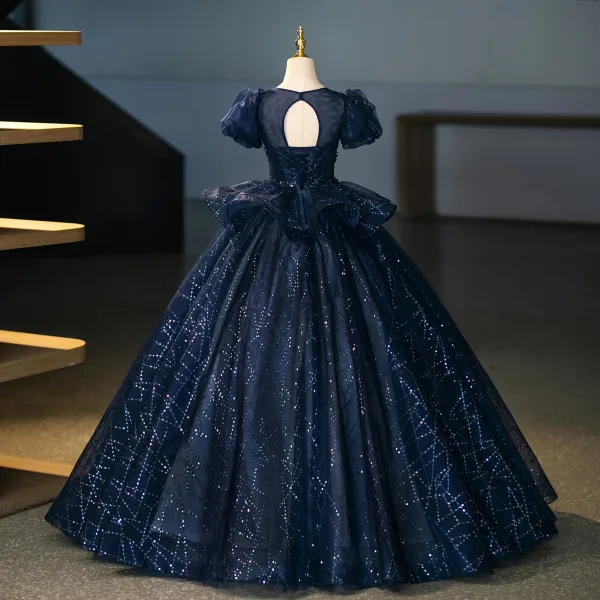 Bling Bling Navy Blue Sequins Prom Dresses 2025 Ball Gown Scoop Neck Puffy Short Sleeve Backless Floor-Length / Long Prom Formal Dresses