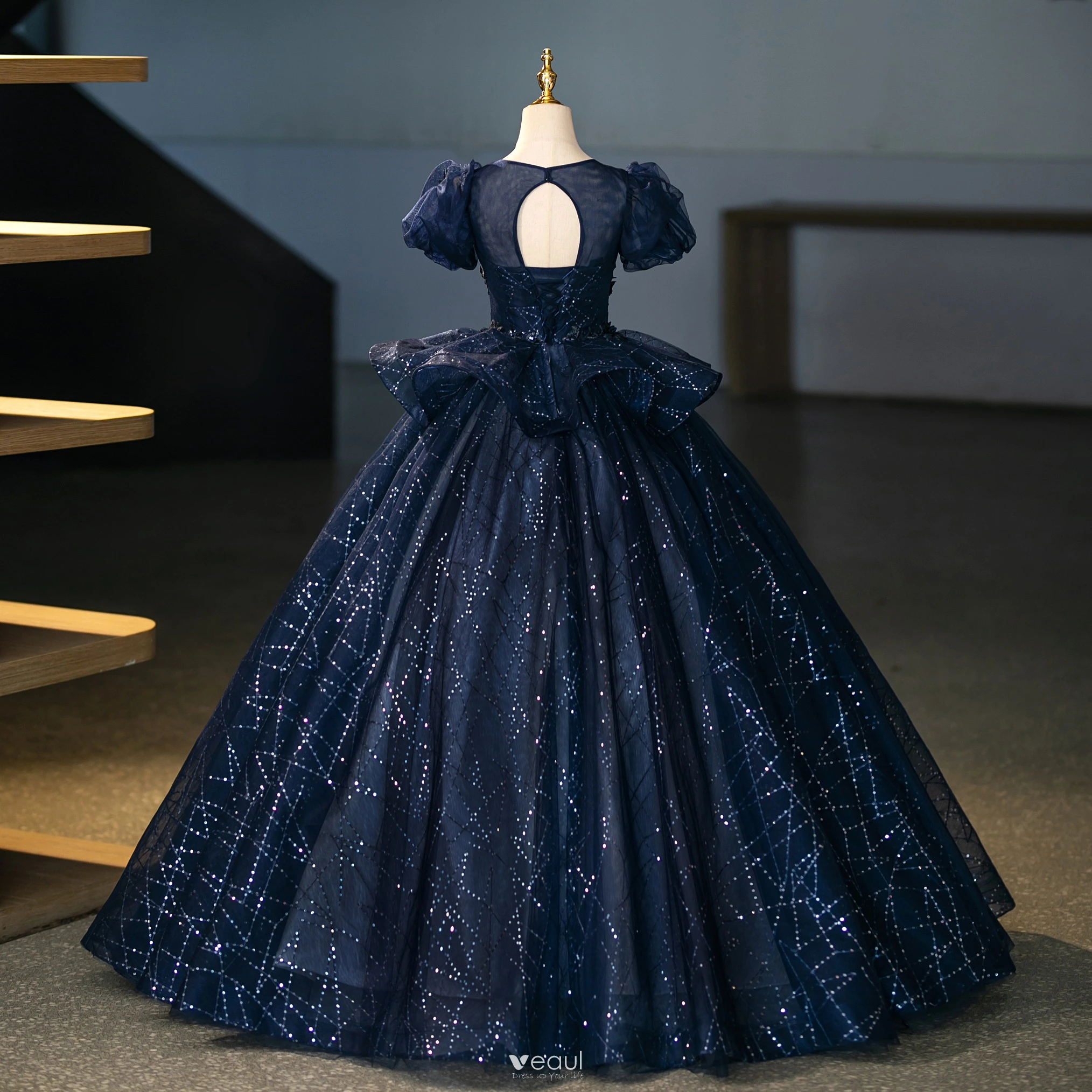 navy blue puffy prom dress Royal Blue Chiffon Sweetheart Ruffle Tiered Long Prom Dress, Navy Blue / 4