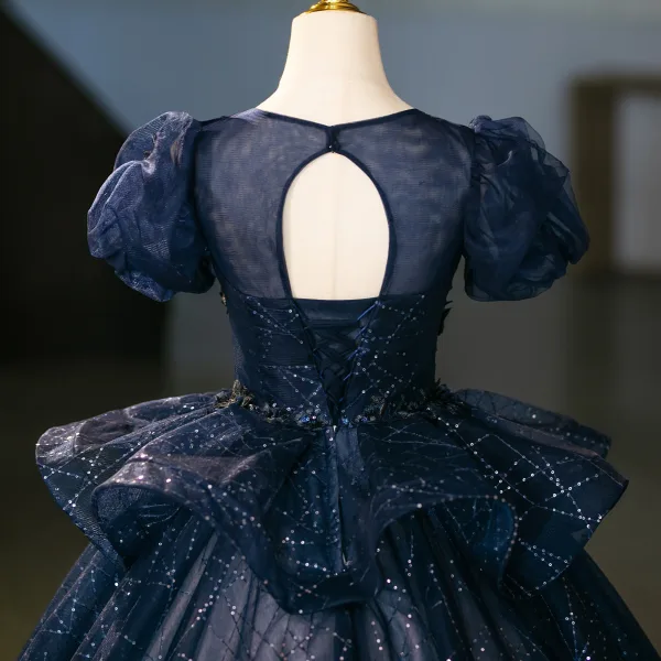 Bling Bling Navy Blue Sequins Prom Dresses 2025 Ball Gown Scoop Neck Puffy Short Sleeve Backless Floor-Length / Long Prom Formal Dresses