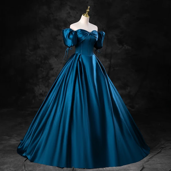 Vintage / Retro Ink Blue Satin Prom Dresses 2023 Ball Gown Square Neckline Puffy Short Sleeve Backless Vintage / Retro Ink Blue Satin Prom Dresses 2023 Ball Gown Square Neckline Puffy Short Sleeve Backless