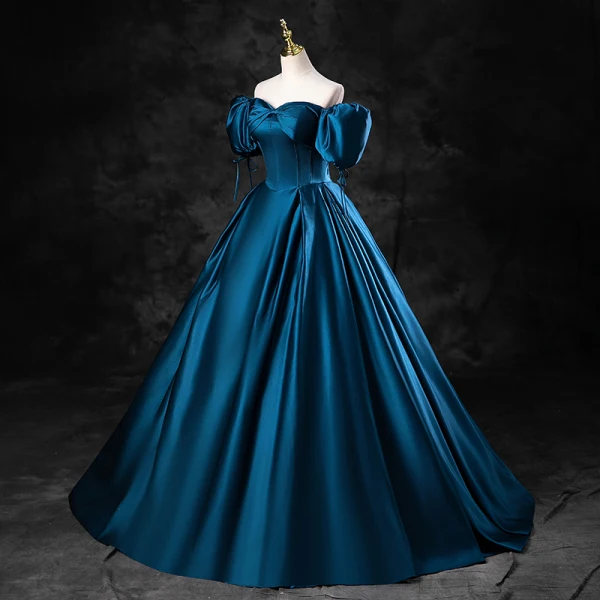 Vintage / Retro Ink Blue Satin Prom Dresses 2023 Ball Gown Square Neckline Puffy Short Sleeve Backless Floor-Length / Long Prom Formal Dresses