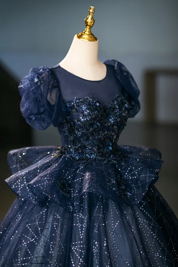 Bling Bling Navy Blue Sequins Prom Dresses 2025 Ball Gown Scoop Neck Puffy Short Sleeve Backless Floor-Length / Long Prom Formal Dresses