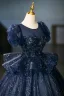 Bling Bling Navy Blue Sequins Prom Dresses 2025 Ball Gown Scoop Neck Puffy Short Sleeve Backless Floor-Length / Long Prom Formal Dresses