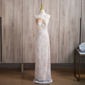 Charmant Rougissant Rose Perlage En Dentelle Fleur Robe De Bal 2024 Trompette Sirène Titulaire Sans Manches Dos Nu Longue Promo Robe De Ceremonie