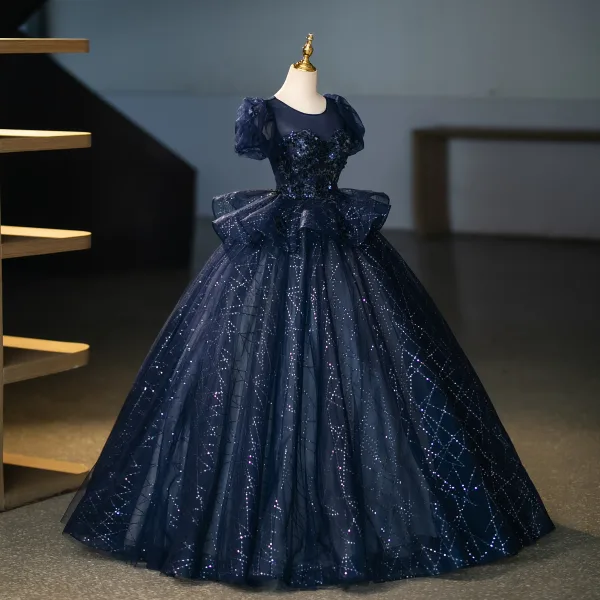 Bling Bling Navy Blue Sequins Prom Dresses 2025 Ball Gown Scoop Neck Puffy Short Sleeve Backless Floor-Length / Long Prom Formal Dresses