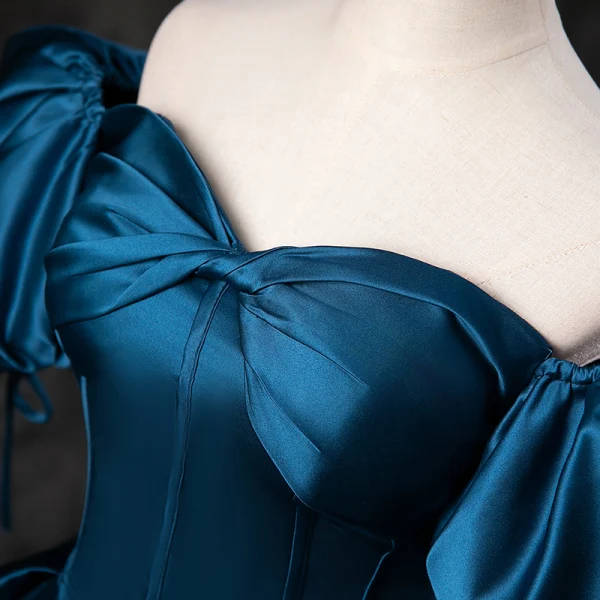 Vintage / Retro Ink Blue Satin Prom Dresses 2023 Ball Gown Square Neckline Puffy Short Sleeve Backless Floor-Length / Long Prom Formal Dresses