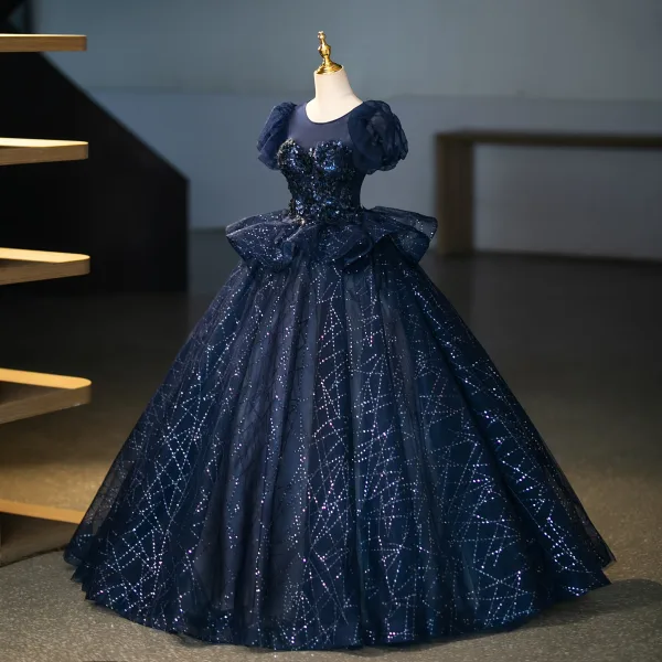 Bling Bling Navy Blue Sequins Prom Dresses 2025 Ball Gown Scoop Neck Puffy Short Sleeve Backless Floor-Length / Long Prom Formal Dresses