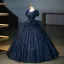 Bling Bling Navy Blue Sequins Prom Dresses 2025 Ball Gown Scoop Neck Puffy Short Sleeve Backless Floor-Length / Long Prom Formal Dresses