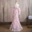 Charming Blushing Pink Pearl Sequins Lace Flower Prom Dresses 2024 Trumpet / Mermaid Halter Short Sleeve Backless Floor-Length / Long Prom Formal Dresses