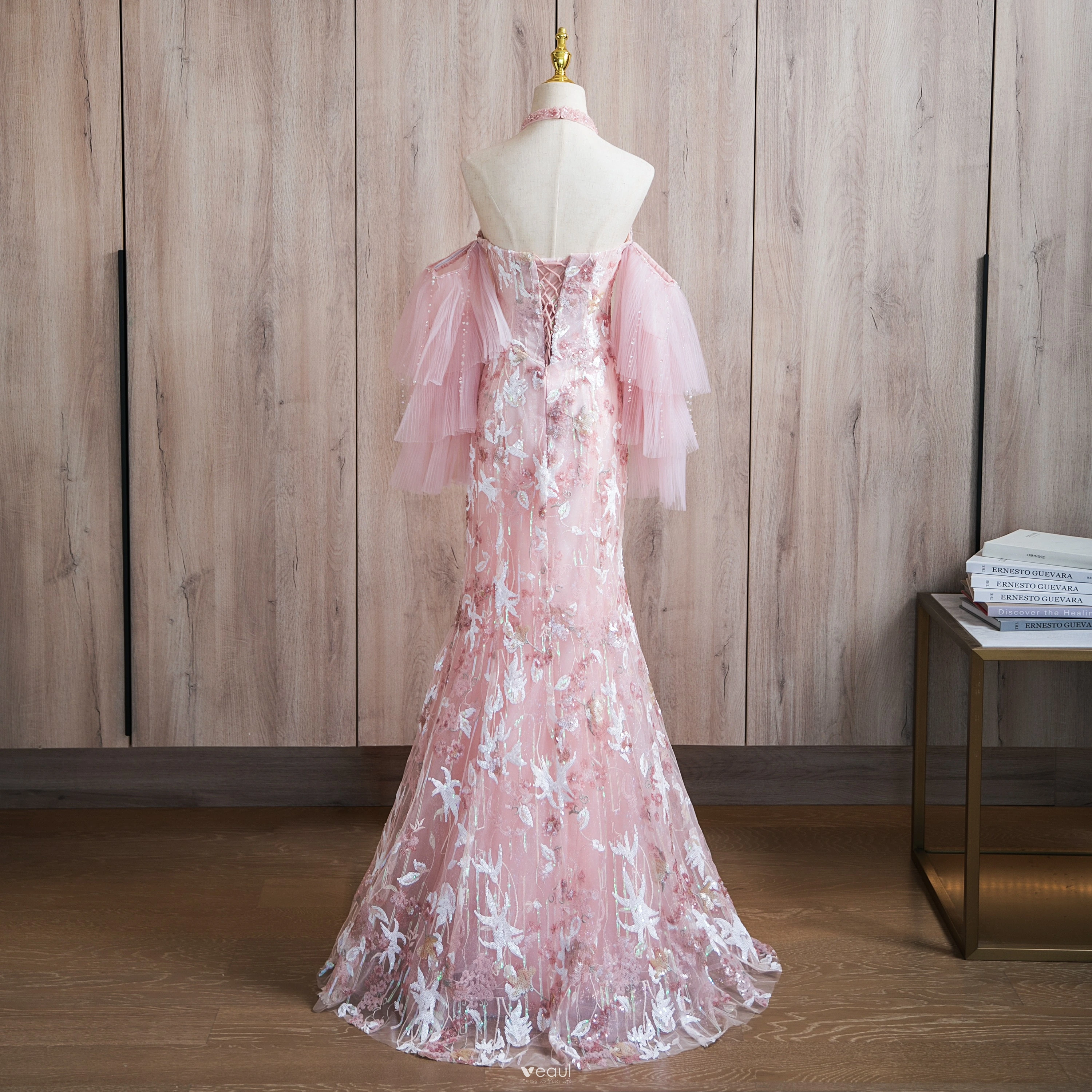 Trumpet Mermaid Sequin Pink Flower Prom Dress