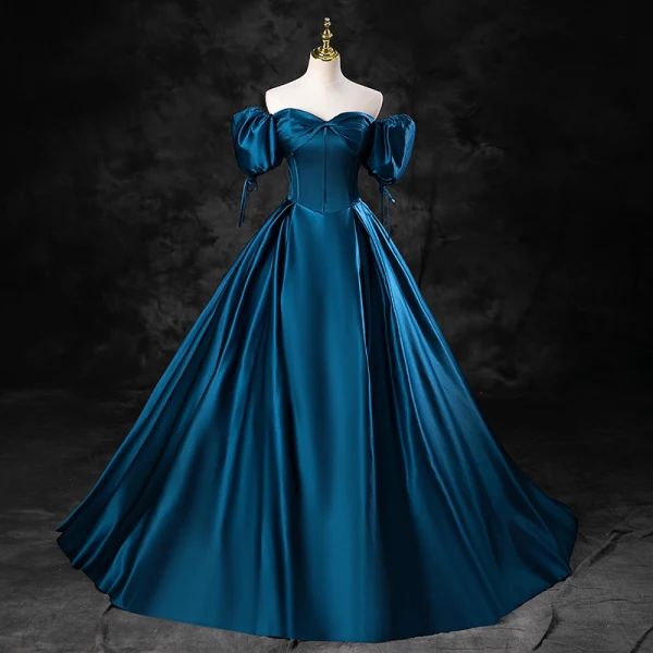 Vintage Retro Ink Blue Satin Prom Dresses 2023 Ball Gown Square Neckline Puffy Short