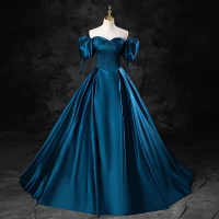 Vintage Azul Tinta Satén Vestidos de gala 2023 Ball Gown Escote Cuadrado Hinchado Manga Corta Sin Espalda Largos Gala Vestidos Formales