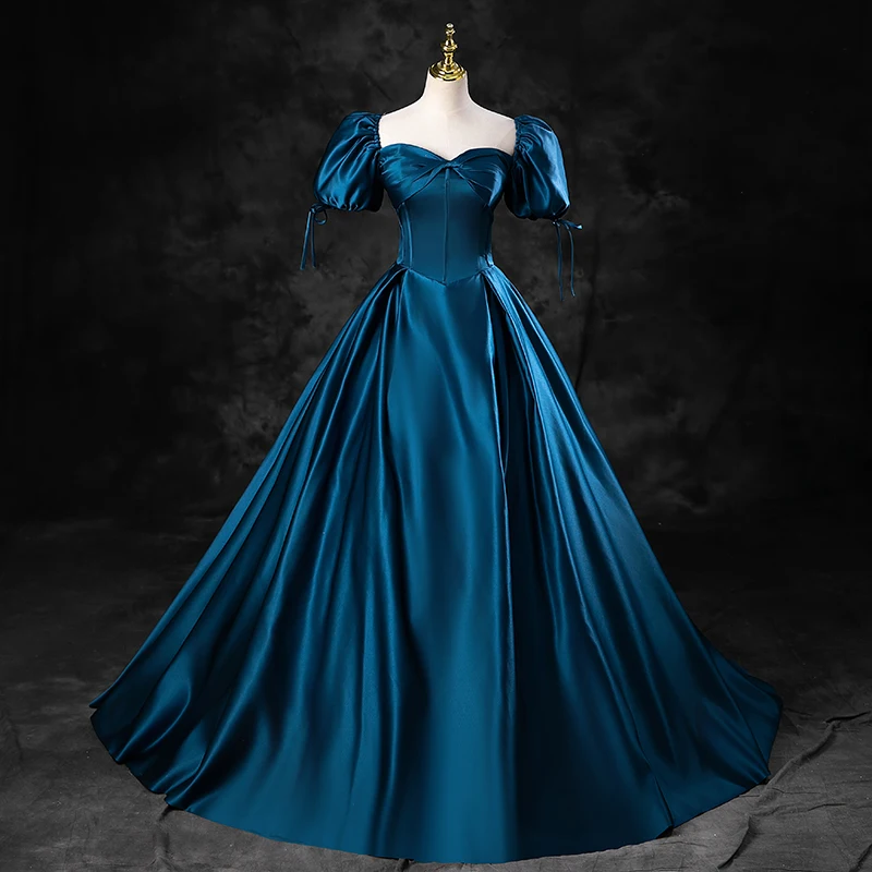 Vintage Retro Ink Blue Satin Prom Dresses 2023 Ball Gown Square Neckline Puffy Short