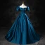 Vintage / Retro Ink Blue Satin Prom Dresses 2023 Ball Gown Square Neckline Puffy Short Sleeve Backless Floor-Length / Long Prom Formal Dresses