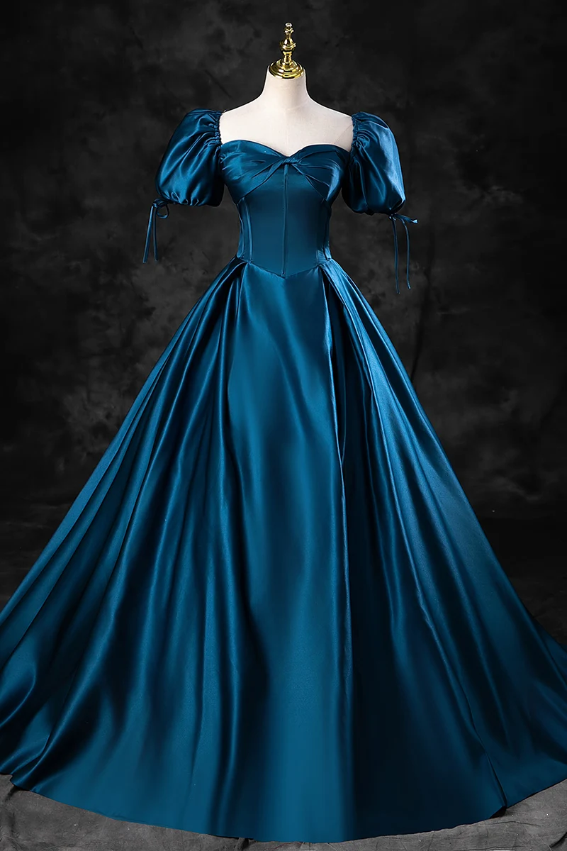 Vintage Retro Ink Blue Satin Prom Dresses 2023 Ball Gown Square Neckline  Puffy Short Sleeve Backless Floor Length Long Prom Formal Dresses