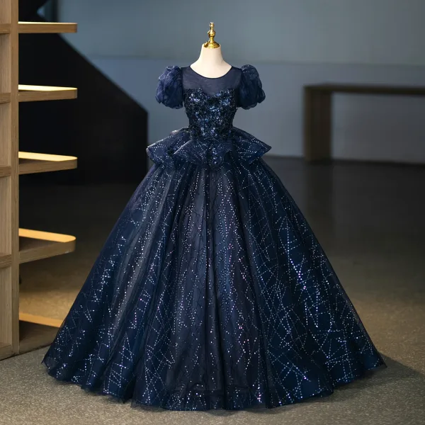 dark blue puffy prom dress Ocean Blue Mermaid Tulle Ruffle Prom Dress Long With Beadings