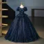 Bling Bling Navy Blue Sequins Prom Dresses 2025 Ball Gown Scoop Neck Puffy Short Sleeve Backless Floor-Length / Long Prom Formal Dresses