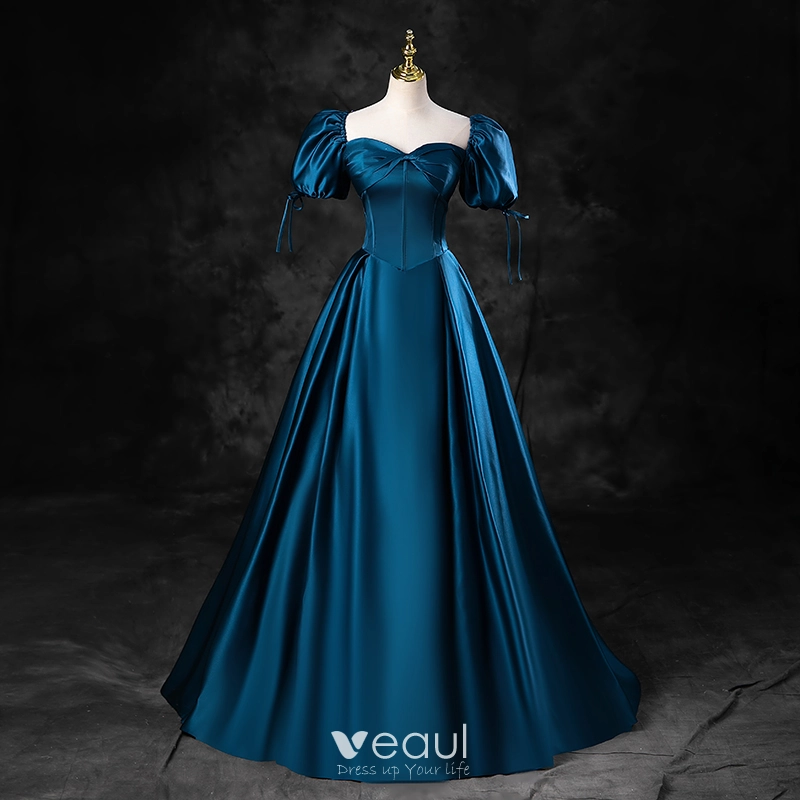 Vintage / Retro Ink Blue Satin Prom Dresses 2023 Ball Gown Square Neckline  Puffy Short Sleeve Backless Floor-Length / Long Prom Formal Dresses