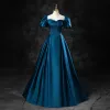 Vintage / Retro Ink Blue Satin Prom Dresses 2023 Ball Gown Square Neckline Puffy Short Sleeve Backless Floor-Length / Long Prom Formal Dresses