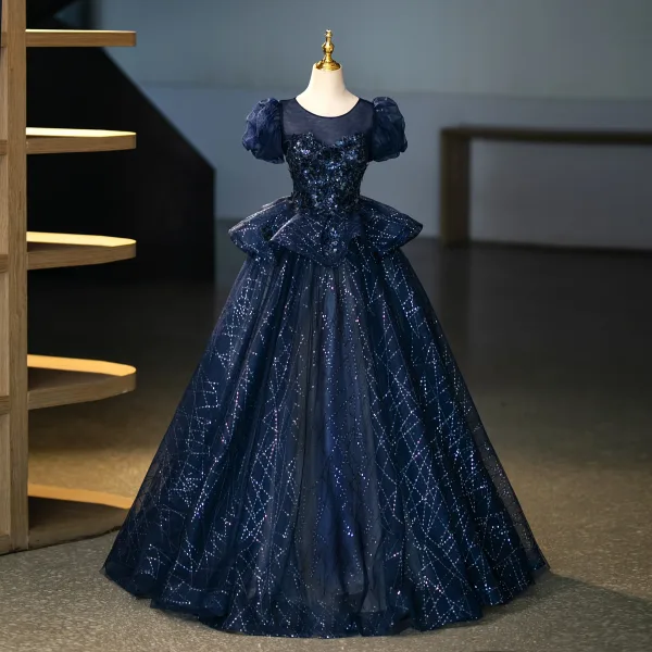 Bling Bling Navy Blue Sequins Prom Dresses 2025 Ball Gown Scoop Neck Puffy Short Sleeve Backless Floor-Length / Long Prom Formal Dresses