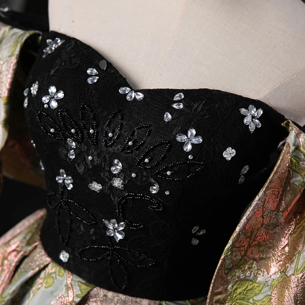 Elegant Black Beading Rhinestone Prom Dresses 2023 Ball Gown Off-The-Shoulder Puffy Short Sleeve Backless Floor-Length / Long Prom Formal Dresses