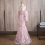Charming Blushing Pink Pearl Sequins Lace Flower Prom Dresses 2024 Trumpet / Mermaid Halter Short Sleeve Backless Floor-Length / Long Prom Formal Dresses