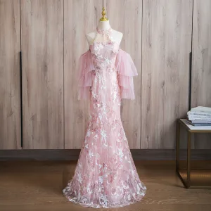 Charmant Rougissant Rose Perle Paillettes En Dentelle Fleur Robe De Bal 2024 Trompette Sirène Titulaire Manches Courtes Dos Nu Longue Promo Robe De Ceremonie