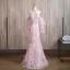 Charming Blushing Pink Pearl Sequins Lace Flower Prom Dresses 2024 Trumpet / Mermaid Halter Short Sleeve Backless Floor-Length / Long Prom Formal Dresses