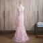 Charming Blushing Pink Pearl Sequins Lace Flower Prom Dresses 2024 Trumpet / Mermaid Halter Short Sleeve Backless Floor-Length / Long Prom Formal Dresses