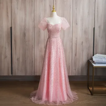 Bling Bling Blozen Roze Kralen Galajurken 2024 A Lijn Vierkante Halslijn Korte Mouwen Ruglooze Lange Gala Gelegenheid Jurken