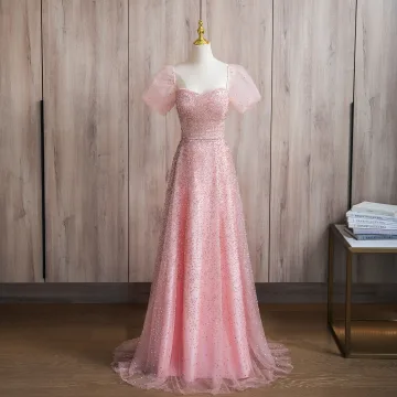 Bling Bling Blushing Pink Beading Prom Dresses 2024 A Line Princess Square Neckline Short Sleeve Backless Floor Length Long Prom Formal Dresses