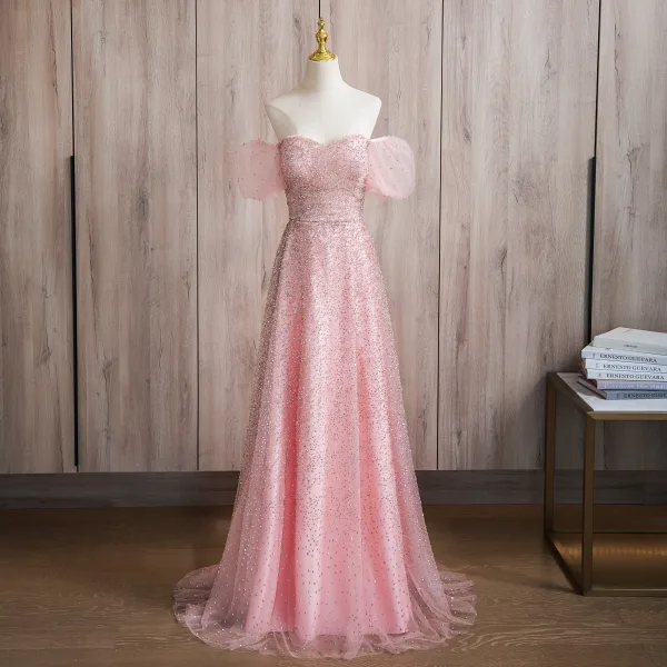 Bling Bling Blushing Pink Beading Prom Dresses 2024 A-Line / Princess Square Neckline Short Sleeve Backless Floor-Length / Long Prom Formal Dresses