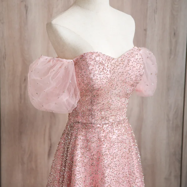 Bling Bling Blushing Pink Beading Prom Dresses 2024 A-Line / Princess Square Neckline Short Sleeve Backless Floor-Length / Long Prom Formal Dresses