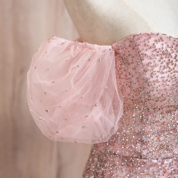 Bling Bling Blushing Pink Beading Prom Dresses 2024 A-Line / Princess Square Neckline Short Sleeve Backless Floor-Length / Long Prom Formal Dresses