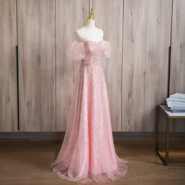 Bling Bling Blushing Pink Beading Prom Dresses 2024 A-Line / Princess Square Neckline Short Sleeve Backless Floor-Length / Long Prom Formal Dresses
