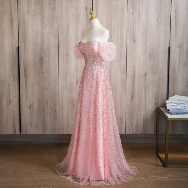 Bling Bling Blushing Pink Beading Prom Dresses 2024 A-Line / Princess Square Neckline Short Sleeve Backless Floor-Length / Long Prom Formal Dresses