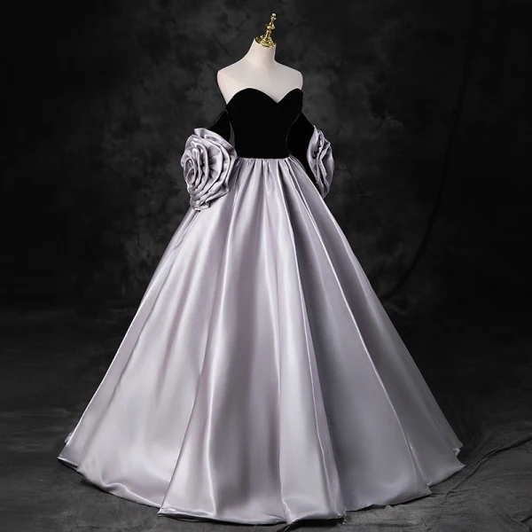 Elegant Black Prom Dresses 2023 Ball Gown Strapless Short Sleeve Backless Floor-Length / Long Prom Formal Dresses