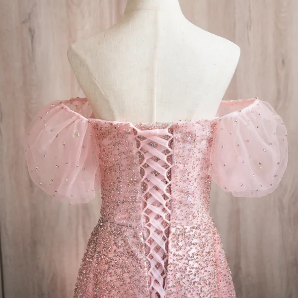 Bling Bling Blushing Pink Beading Prom Dresses 2024 A-Line / Princess Square Neckline Short Sleeve Backless Floor-Length / Long Prom Formal Dresses