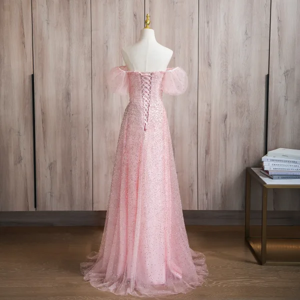 Bling Bling Blushing Pink Beading Prom Dresses 2024 A-Line / Princess Square Neckline Short Sleeve Backless Floor-Length / Long Prom Formal Dresses