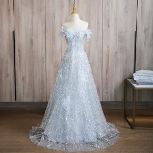 Scintillantes Bleu Ciel Appliques Paillettes Robe De Bal 2024 Princesse Bustier Sans Manches Dos Nu Train De Balayage Promo Robe De Ceremonie