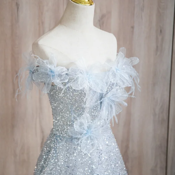 Glitzernden Himmelblau Applikationen Pailletten Ballkleider 2024 A Linie Bandeau Ärmellos Rückenfreies Sweep / Pinsel Zug Ball Festliche Kleider