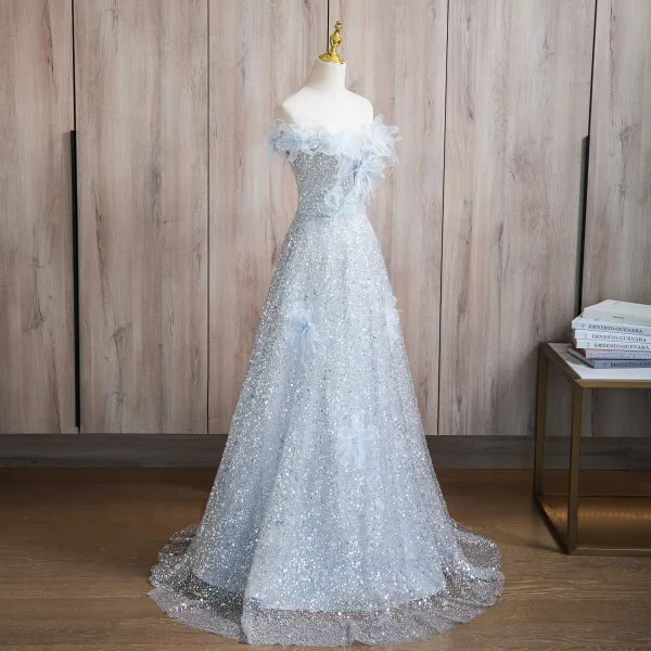 Glitzernden Himmelblau Applikationen Pailletten Ballkleider 2024 A Linie Bandeau Ärmellos Rückenfreies Sweep / Pinsel Zug Ball Festliche Kleider