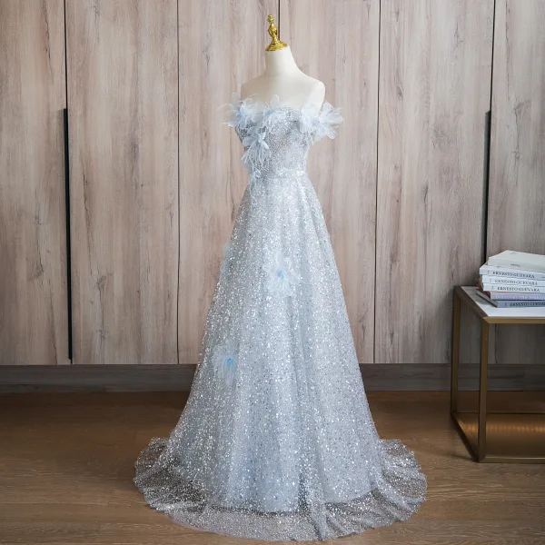 Glitzernden Himmelblau Applikationen Pailletten Ballkleider 2024 A Linie Bandeau Ärmellos Rückenfreies Sweep / Pinsel Zug Ball Festliche Kleider