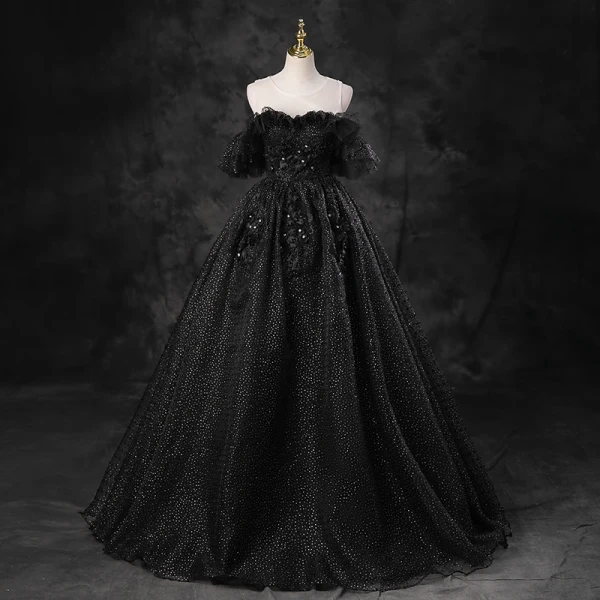 Charming Black Rhinestone Lace Flower Prom Dresses 2023 Ball Gown Scoop Neck Sleeveless Backless Floor-Length / Long Prom Formal Dresses
