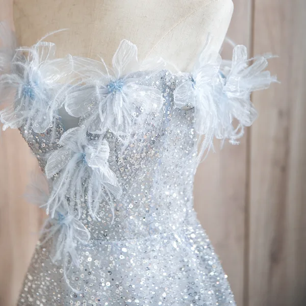 Glitzernden Himmelblau Applikationen Pailletten Ballkleider 2024 A Linie Bandeau Ärmellos Rückenfreies Sweep / Pinsel Zug Ball Festliche Kleider