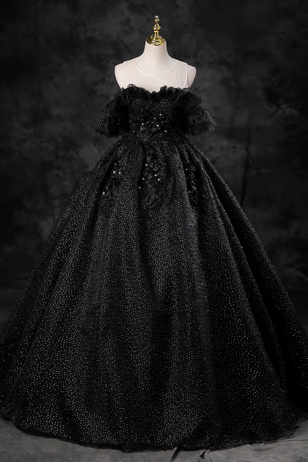Charming Black Rhinestone Lace Flower Prom Dresses 2023 Ball Gown Scoop Neck Sleeveless Backless Floor-Length / Long Prom Formal Dresses